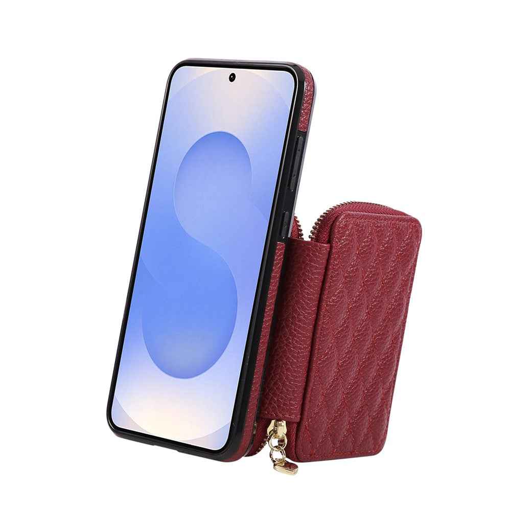 For Samsung Galaxy A57 5G Case Zipper Card Holder PU Leather Phone Back Cover with Shoulder Strap - Red