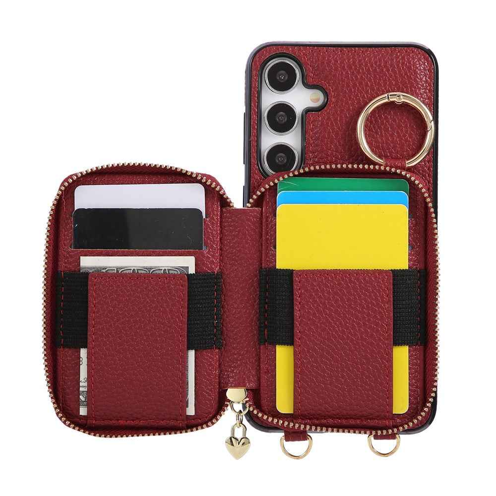 For Samsung Galaxy A57 5G Case Zipper Card Holder PU Leather Phone Back Cover with Shoulder Strap - Red