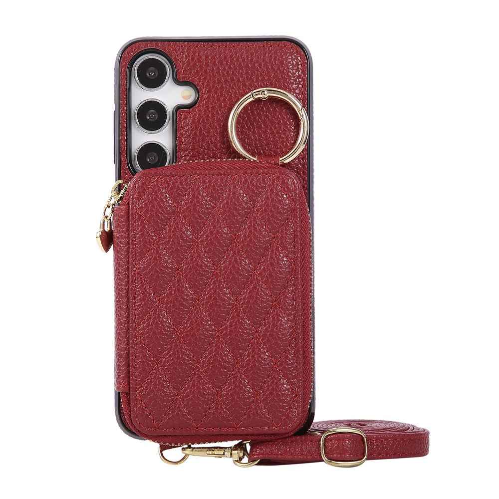 For Samsung Galaxy A57 5G Case Zipper Card Holder PU Leather Phone Back Cover with Shoulder Strap - Red