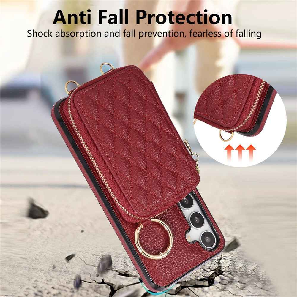 For Samsung Galaxy A57 5G Case Zipper Card Holder PU Leather Phone Back Cover with Shoulder Strap - Red