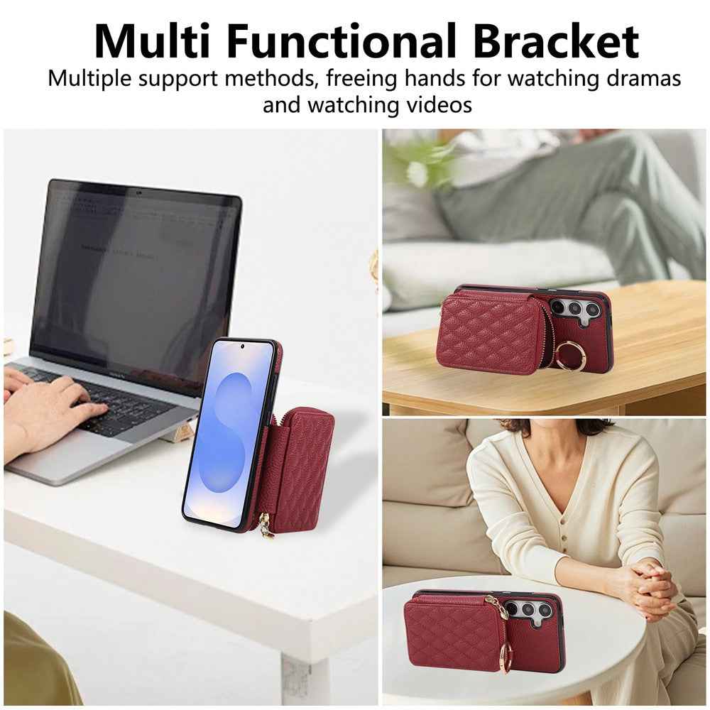 For Samsung Galaxy A57 5G Case Zipper Card Holder PU Leather Phone Back Cover with Shoulder Strap - Red