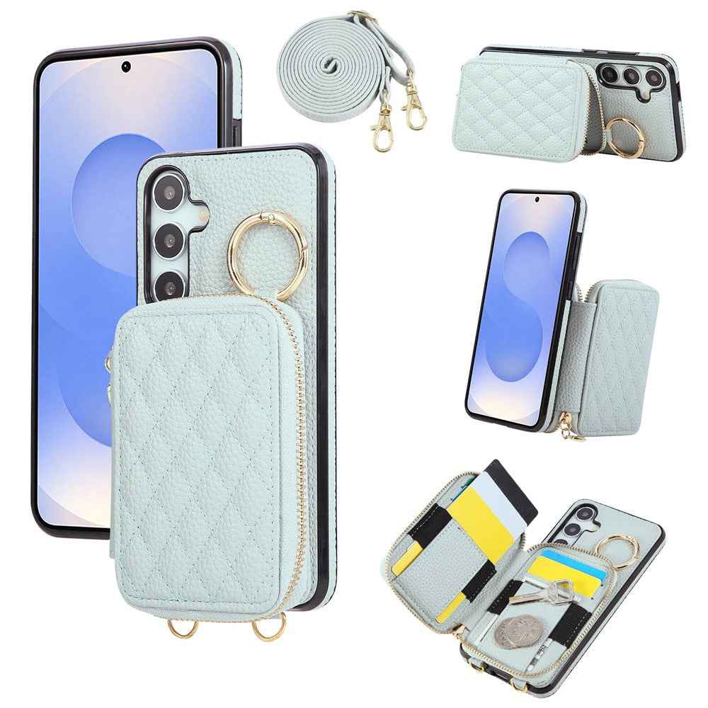 For Samsung Galaxy A57 5G Case Zipper Card Holder PU Leather Phone Back Cover with Shoulder Strap - Blue