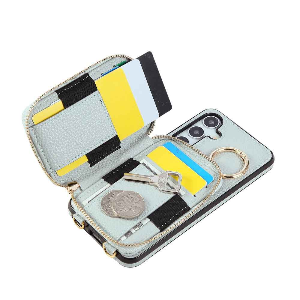 For Samsung Galaxy A57 5G Case Zipper Card Holder PU Leather Phone Back Cover with Shoulder Strap - Blue