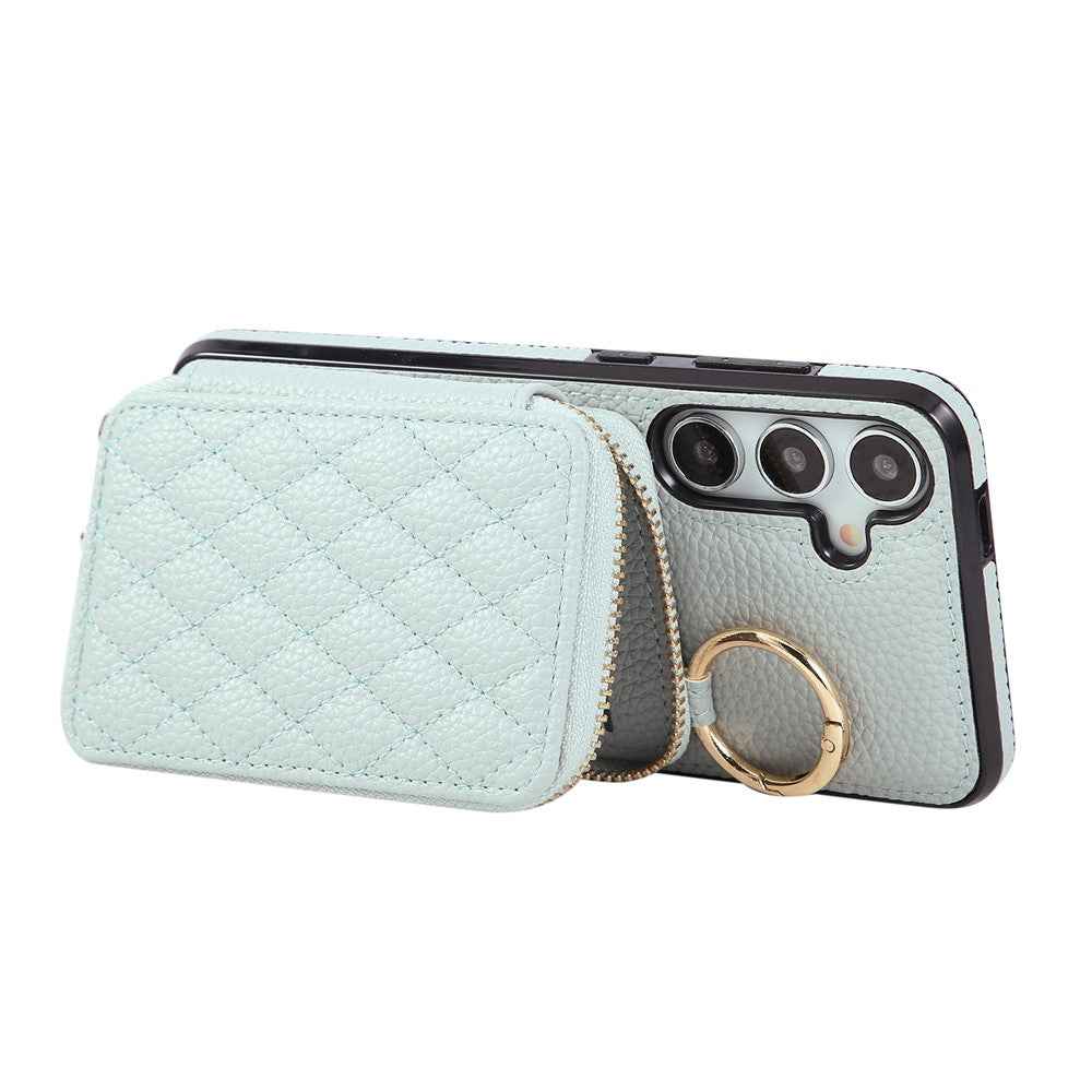 For Samsung Galaxy A57 5G Case Zipper Card Holder PU Leather Phone Back Cover with Shoulder Strap - Blue