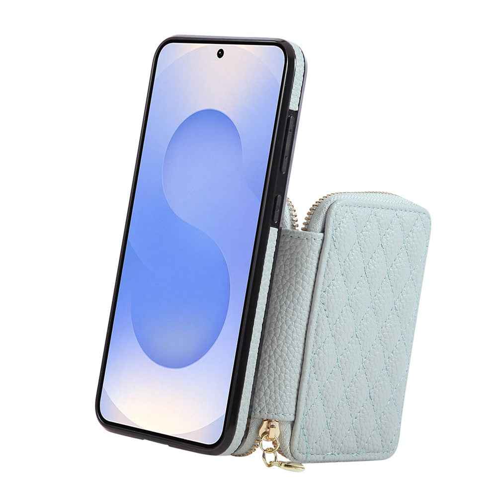 For Samsung Galaxy A57 5G Case Zipper Card Holder PU Leather Phone Back Cover with Shoulder Strap - Blue