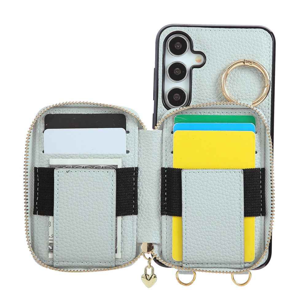 For Samsung Galaxy A57 5G Case Zipper Card Holder PU Leather Phone Back Cover with Shoulder Strap - Blue