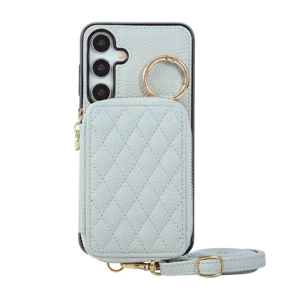 For Samsung Galaxy A57 5G Case Zipper Card Holder PU Leather Phone Back Cover with Shoulder Strap - Blue