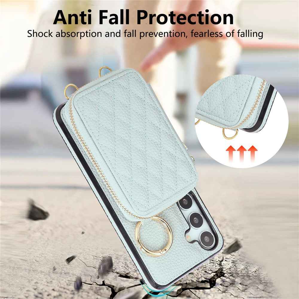 For Samsung Galaxy A57 5G Case Zipper Card Holder PU Leather Phone Back Cover with Shoulder Strap - Blue