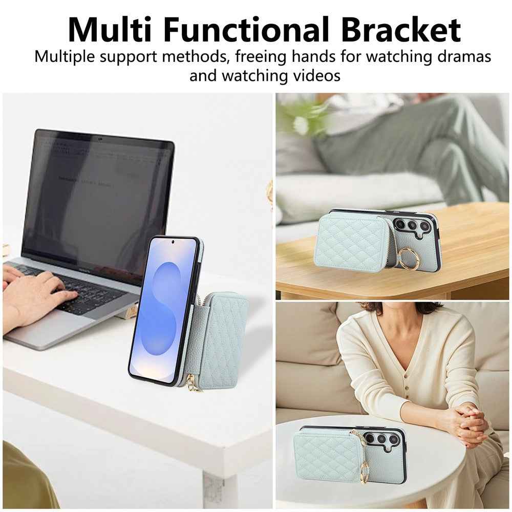 For Samsung Galaxy A57 5G Case Zipper Card Holder PU Leather Phone Back Cover with Shoulder Strap - Blue