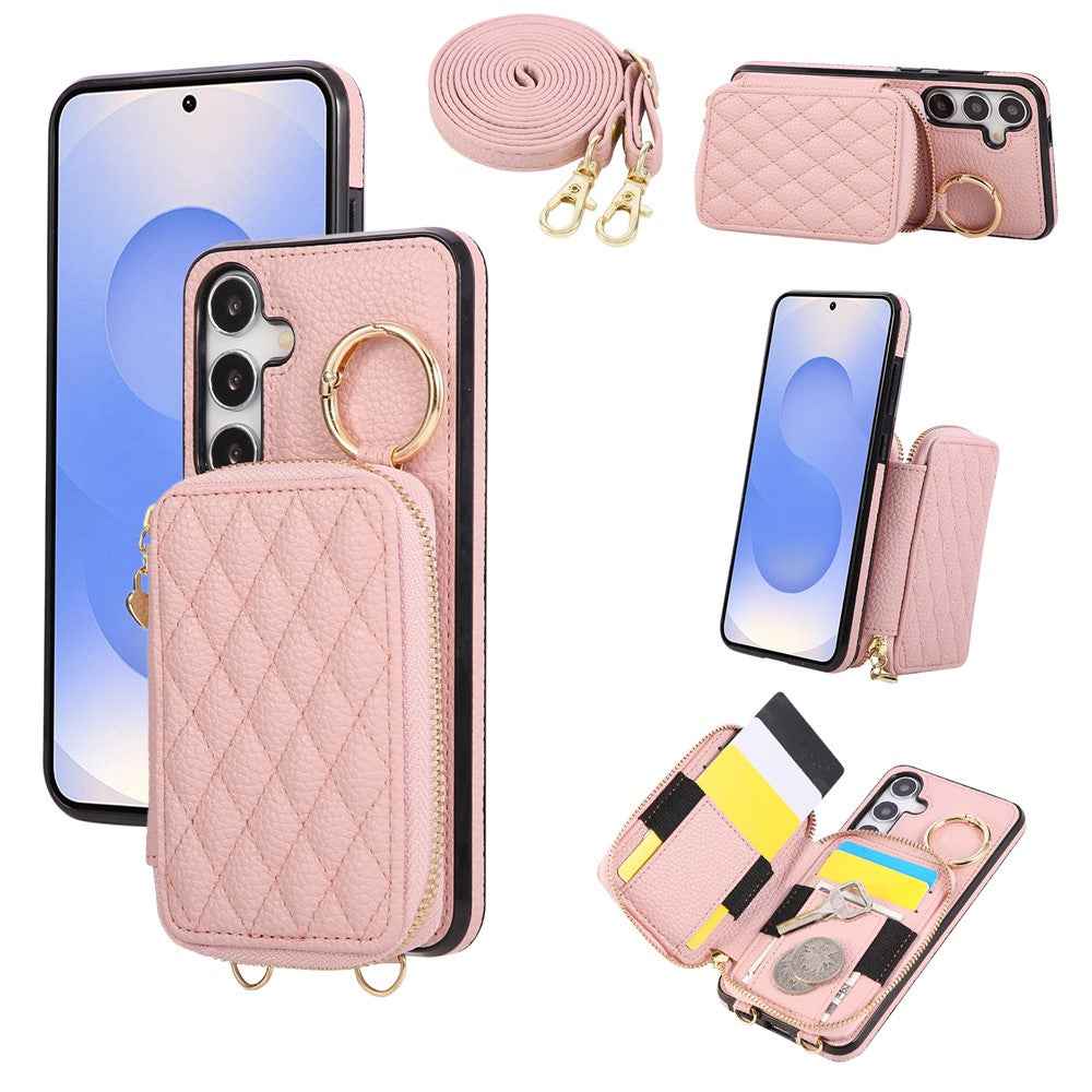 For Samsung Galaxy A57 5G Case Zipper Card Holder PU Leather Phone Back Cover with Shoulder Strap - Pink