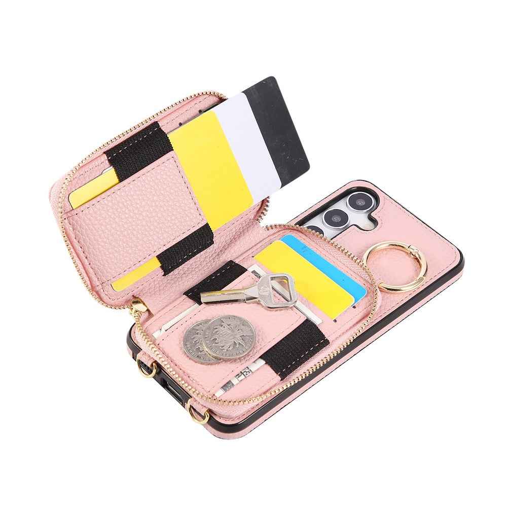 For Samsung Galaxy A57 5G Case Zipper Card Holder PU Leather Phone Back Cover with Shoulder Strap - Pink