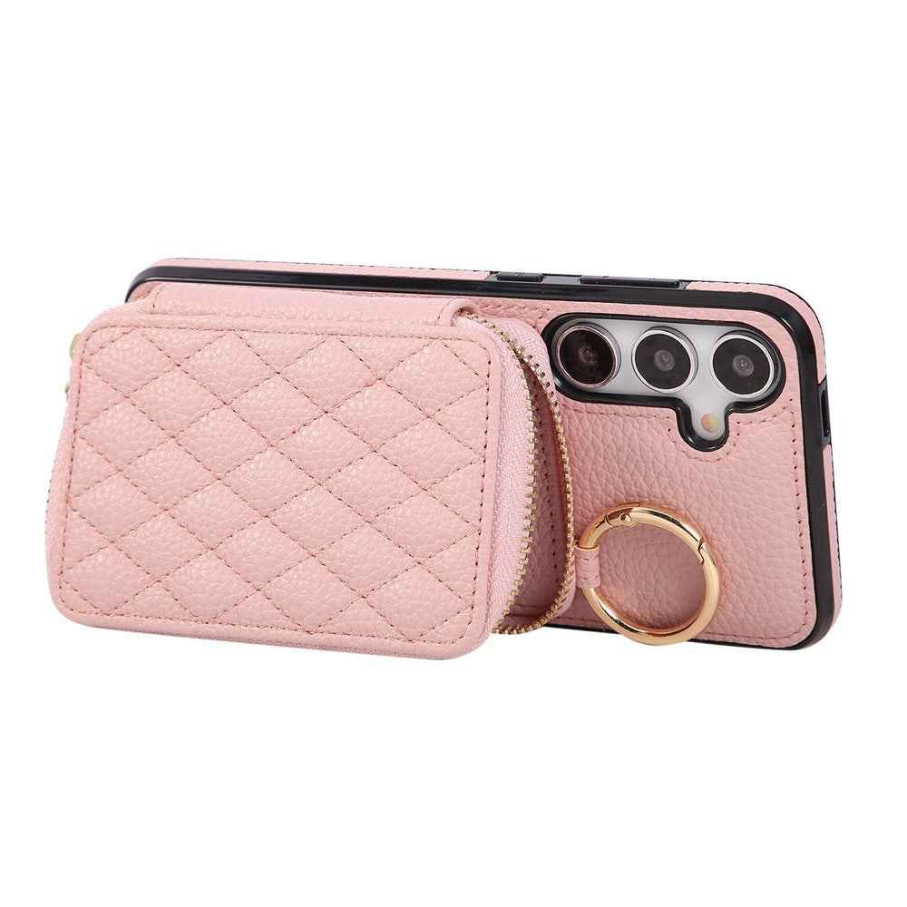 For Samsung Galaxy A57 5G Case Zipper Card Holder PU Leather Phone Back Cover with Shoulder Strap - Pink