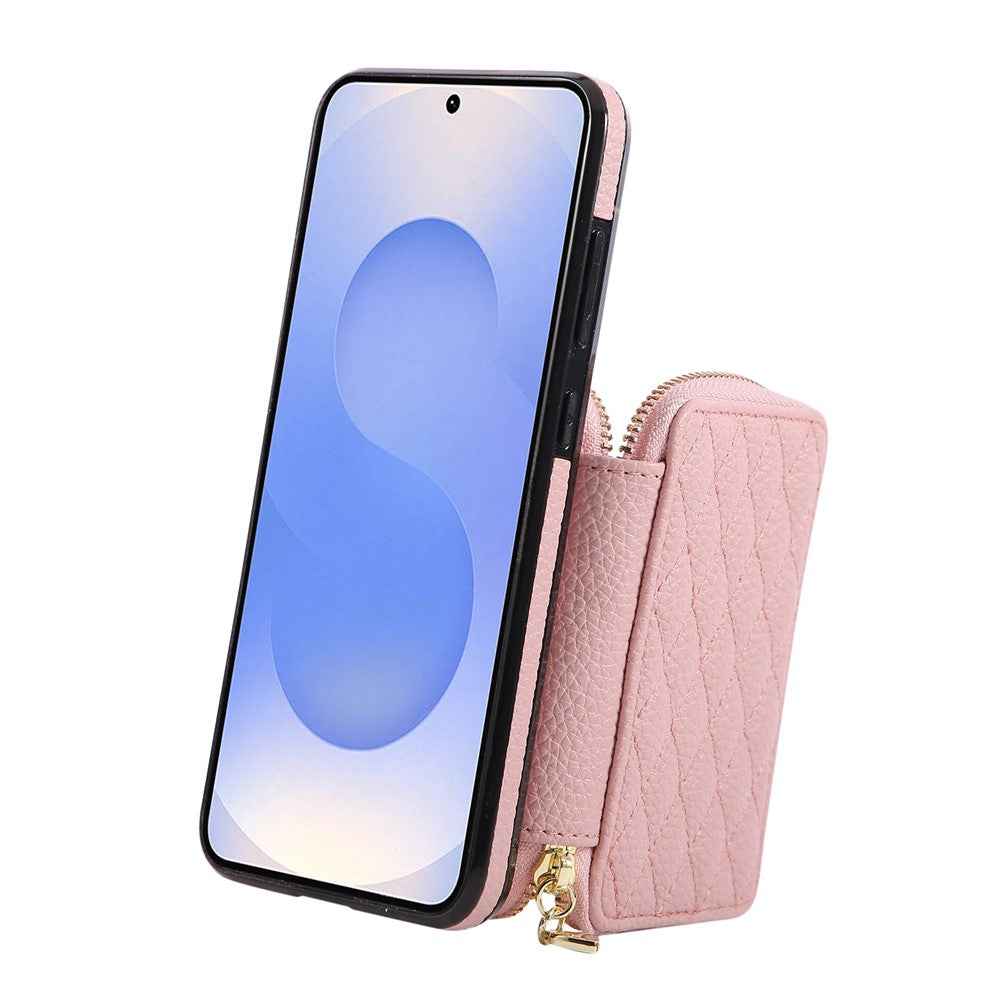 For Samsung Galaxy A57 5G Case Zipper Card Holder PU Leather Phone Back Cover with Shoulder Strap - Pink