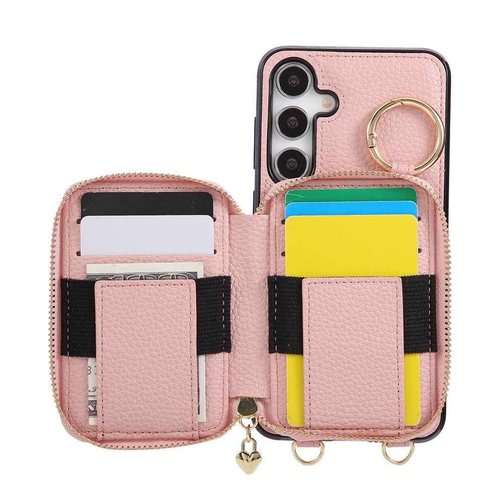 For Samsung Galaxy A57 5G Case Zipper Card Holder PU Leather Phone Back Cover with Shoulder Strap - Pink