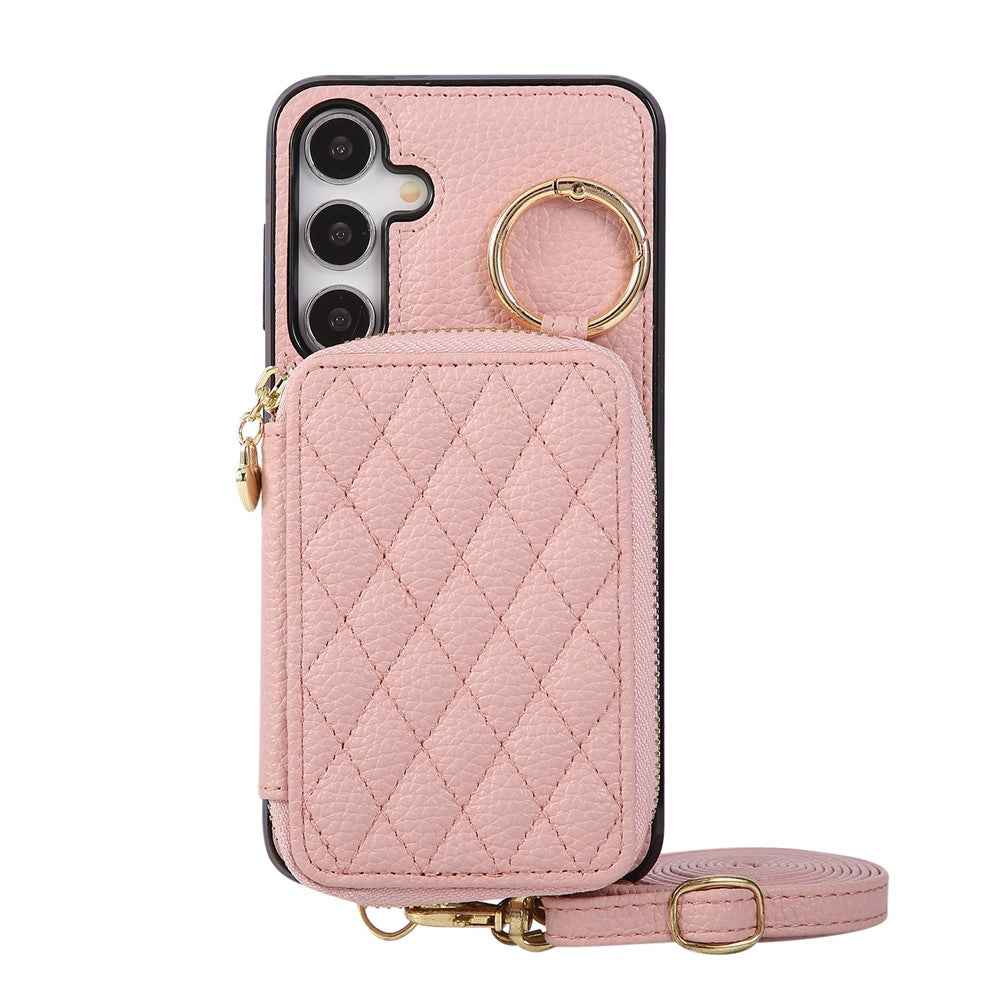 For Samsung Galaxy A57 5G Case Zipper Card Holder PU Leather Phone Back Cover with Shoulder Strap - Pink