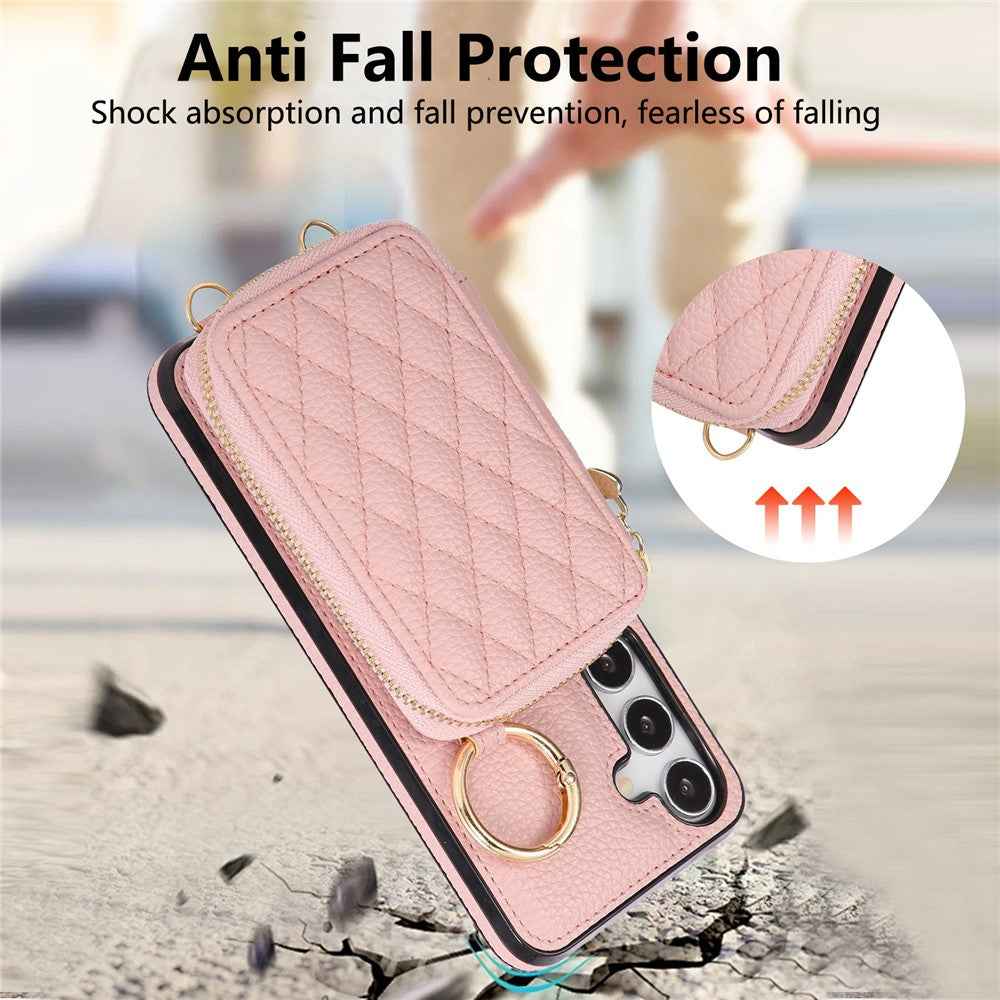 For Samsung Galaxy A57 5G Case Zipper Card Holder PU Leather Phone Back Cover with Shoulder Strap - Pink