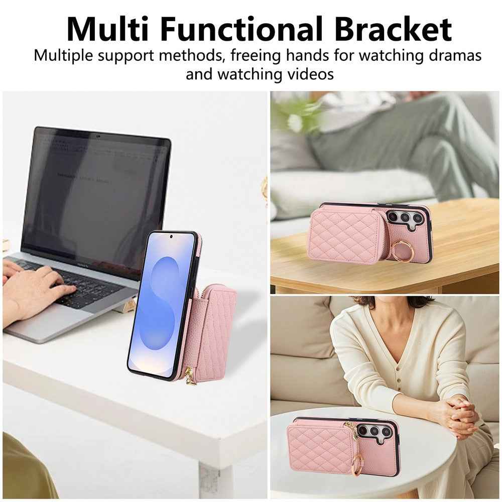 For Samsung Galaxy A57 5G Case Zipper Card Holder PU Leather Phone Back Cover with Shoulder Strap - Pink