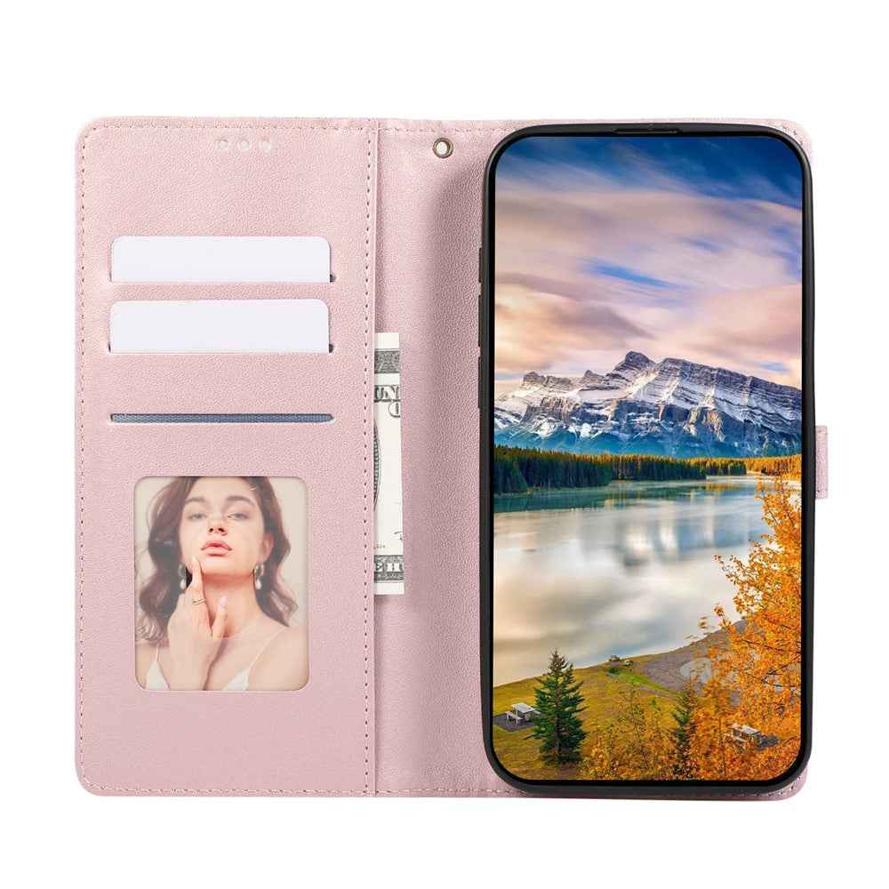 For Xiaomi 17 Pro Case Splicing Imprinted Rhombus Leather Cover with Wrist Strap - Rose Gold