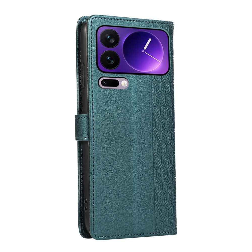 For Xiaomi 17 Pro Case Splicing Imprinted Rhombus Leather Cover with Wrist Strap - Green