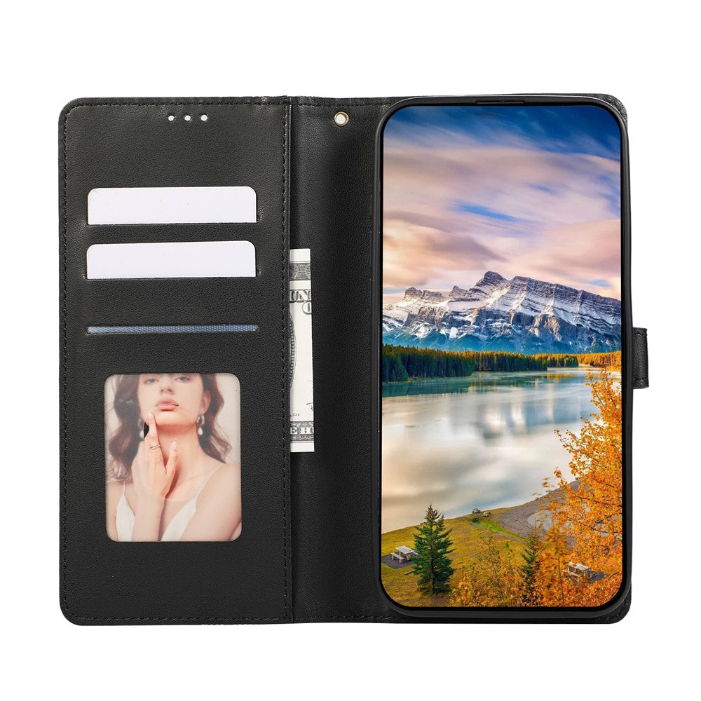 For Xiaomi 17 Pro Case Splicing Imprinted Rhombus Leather Cover with Wrist Strap - Black