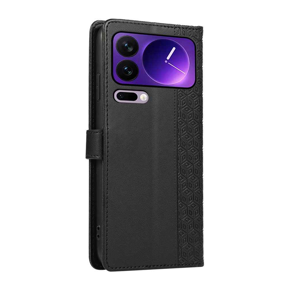 For Xiaomi 17 Pro Case Splicing Imprinted Rhombus Leather Cover with Wrist Strap - Black