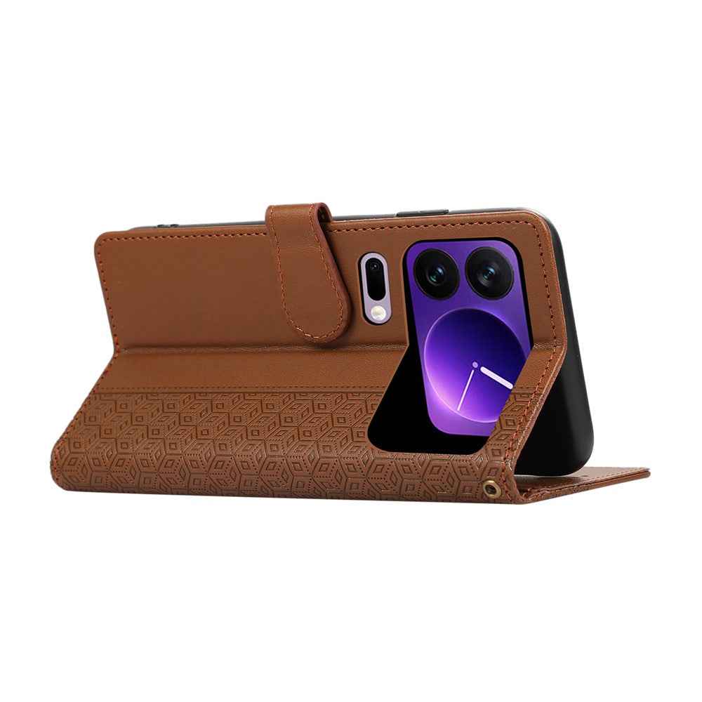 For Xiaomi 17 Pro Case Splicing Imprinted Rhombus Leather Cover with Wrist Strap - Brown