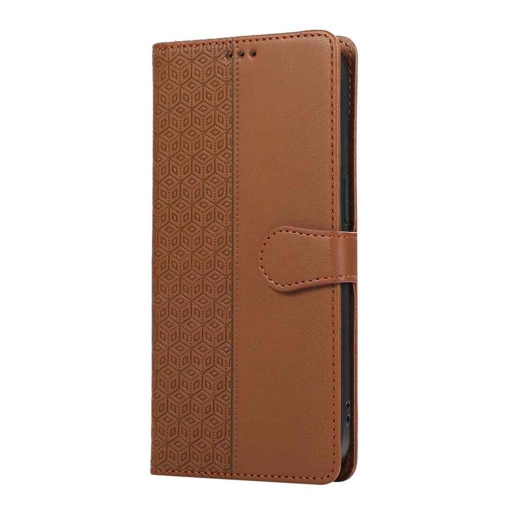 For Xiaomi 17 Pro Case Splicing Imprinted Rhombus Leather Cover with Wrist Strap - Brown