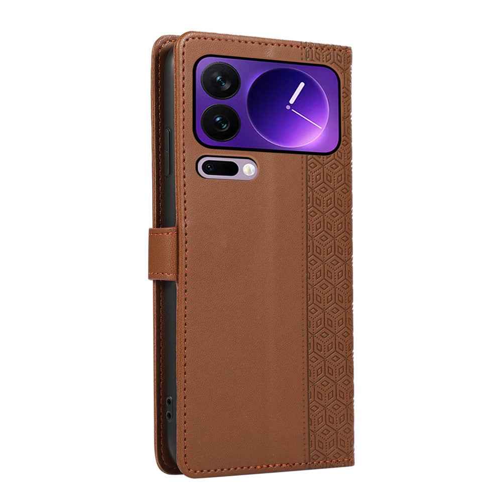 For Xiaomi 17 Pro Case Splicing Imprinted Rhombus Leather Cover with Wrist Strap - Brown