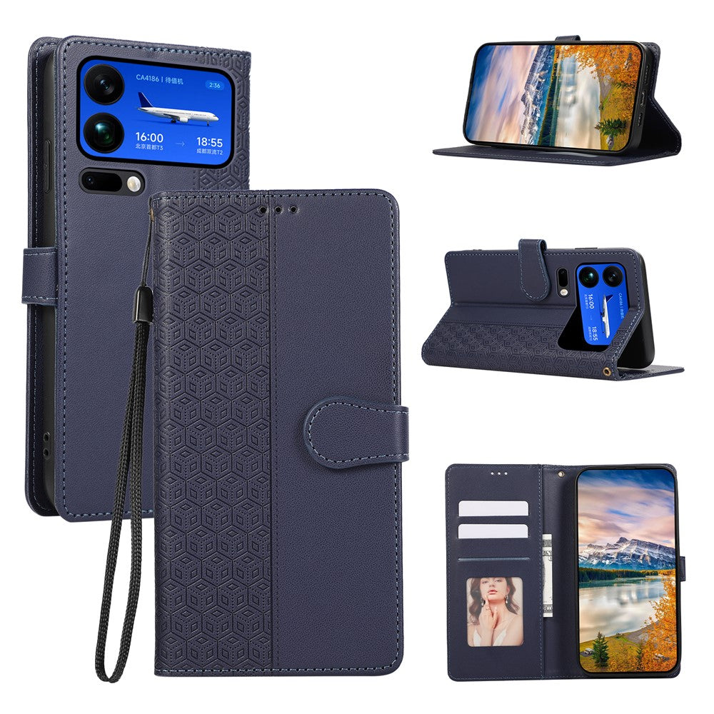 For Xiaomi 17 Pro Max Case Splicing Imprinted Rhombus Leather Cover with Wrist Strap - Blue