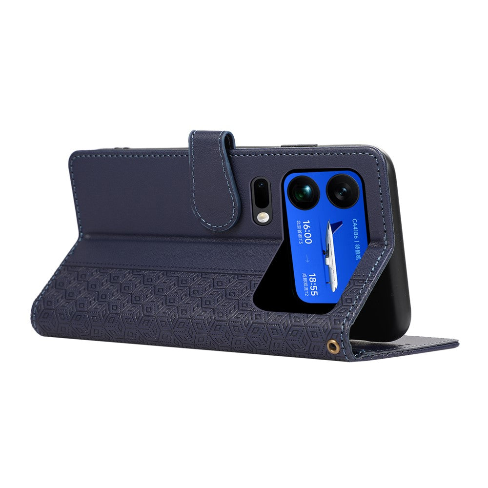 For Xiaomi 17 Pro Max Case Splicing Imprinted Rhombus Leather Cover with Wrist Strap - Blue
