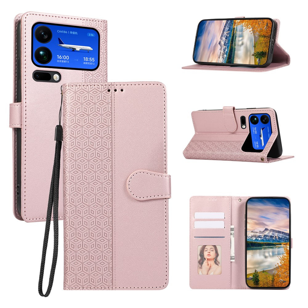 For Xiaomi 17 Pro Max Case Splicing Imprinted Rhombus Leather Cover with Wrist Strap - Rose Gold