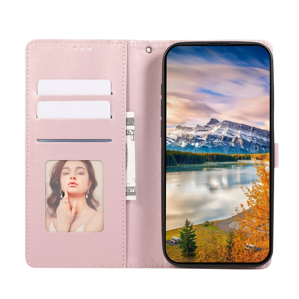 For Xiaomi 17 Pro Max Case Splicing Imprinted Rhombus Leather Cover with Wrist Strap - Rose Gold