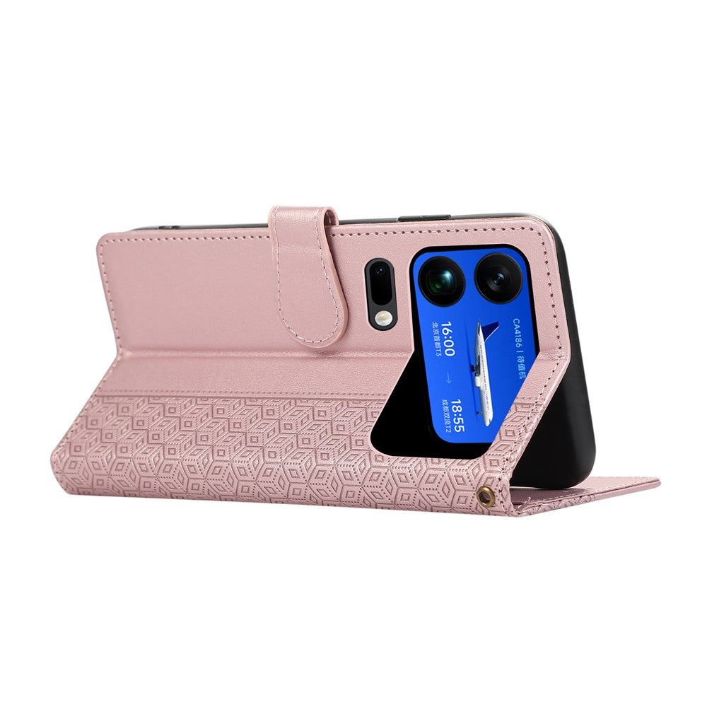 For Xiaomi 17 Pro Max Case Splicing Imprinted Rhombus Leather Cover with Wrist Strap - Rose Gold