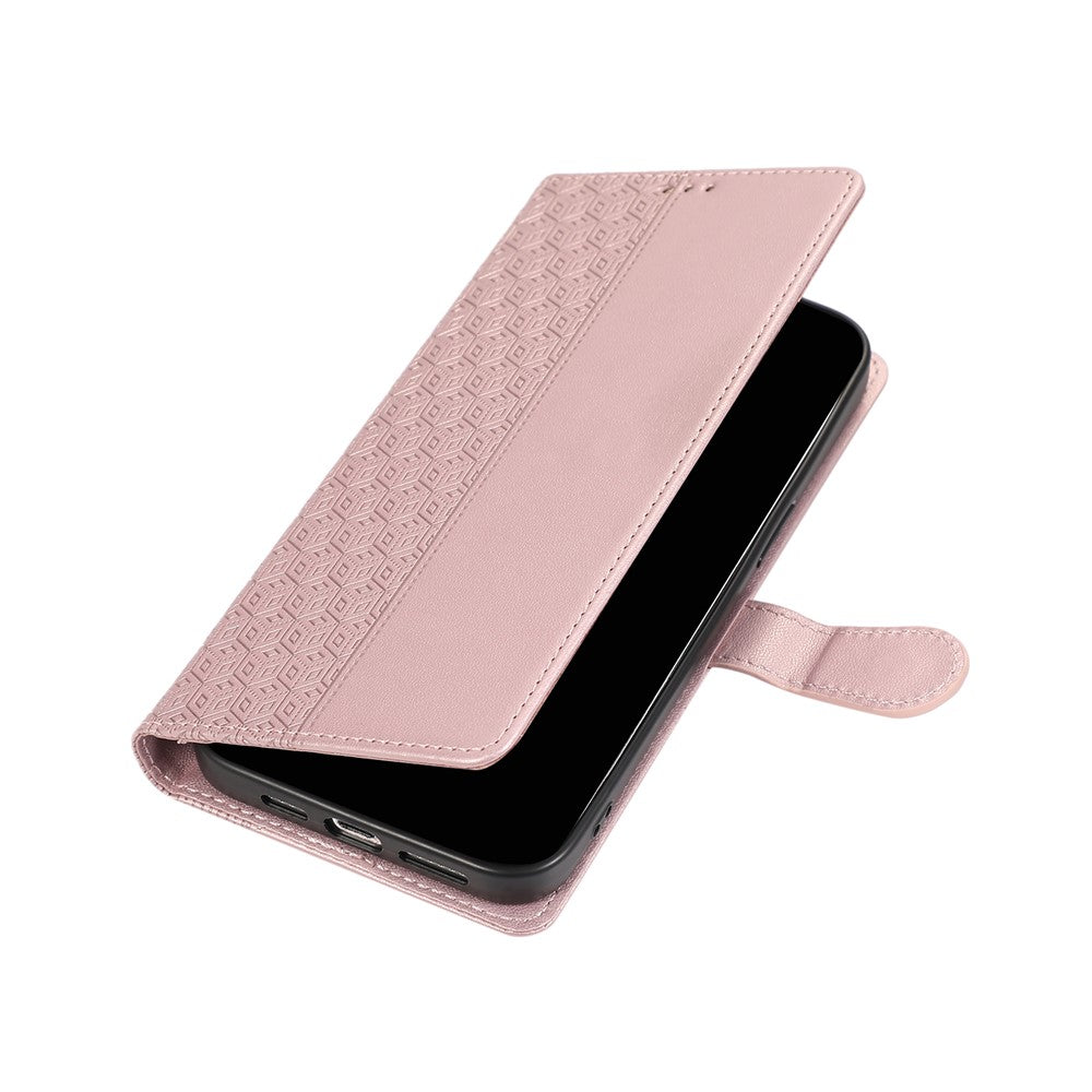 For Xiaomi 17 Pro Max Case Splicing Imprinted Rhombus Leather Cover with Wrist Strap - Rose Gold
