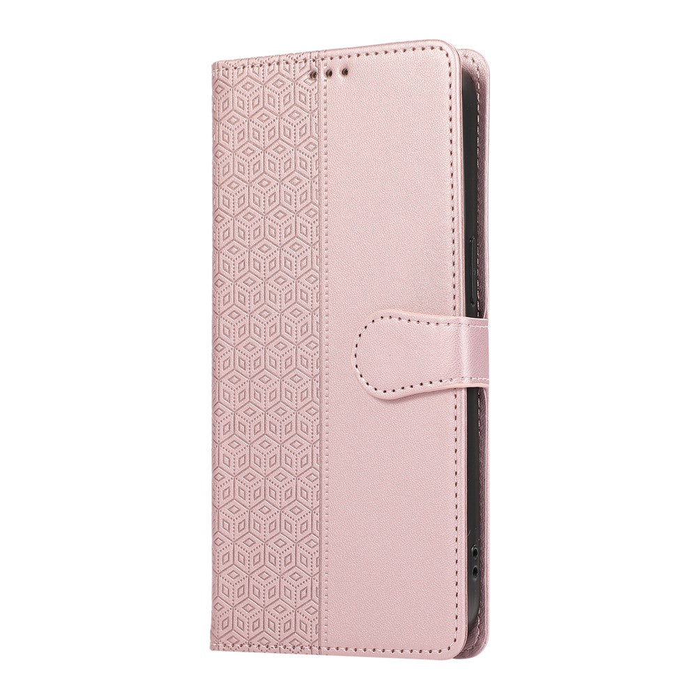 For Xiaomi 17 Pro Max Case Splicing Imprinted Rhombus Leather Cover with Wrist Strap - Rose Gold