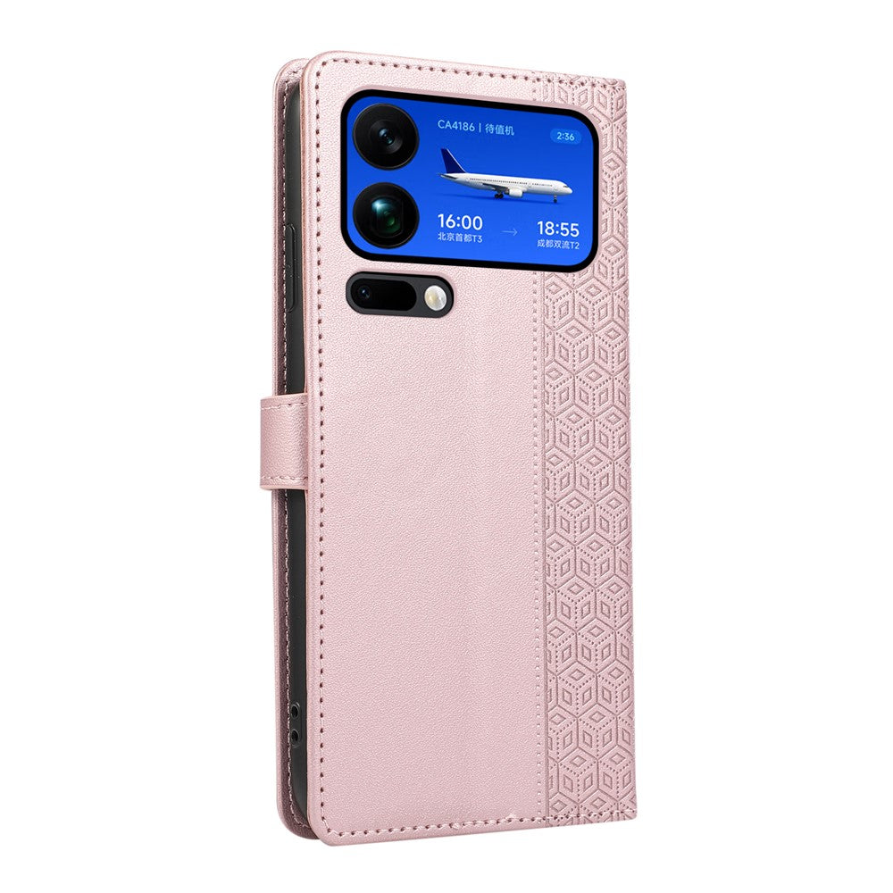For Xiaomi 17 Pro Max Case Splicing Imprinted Rhombus Leather Cover with Wrist Strap - Rose Gold