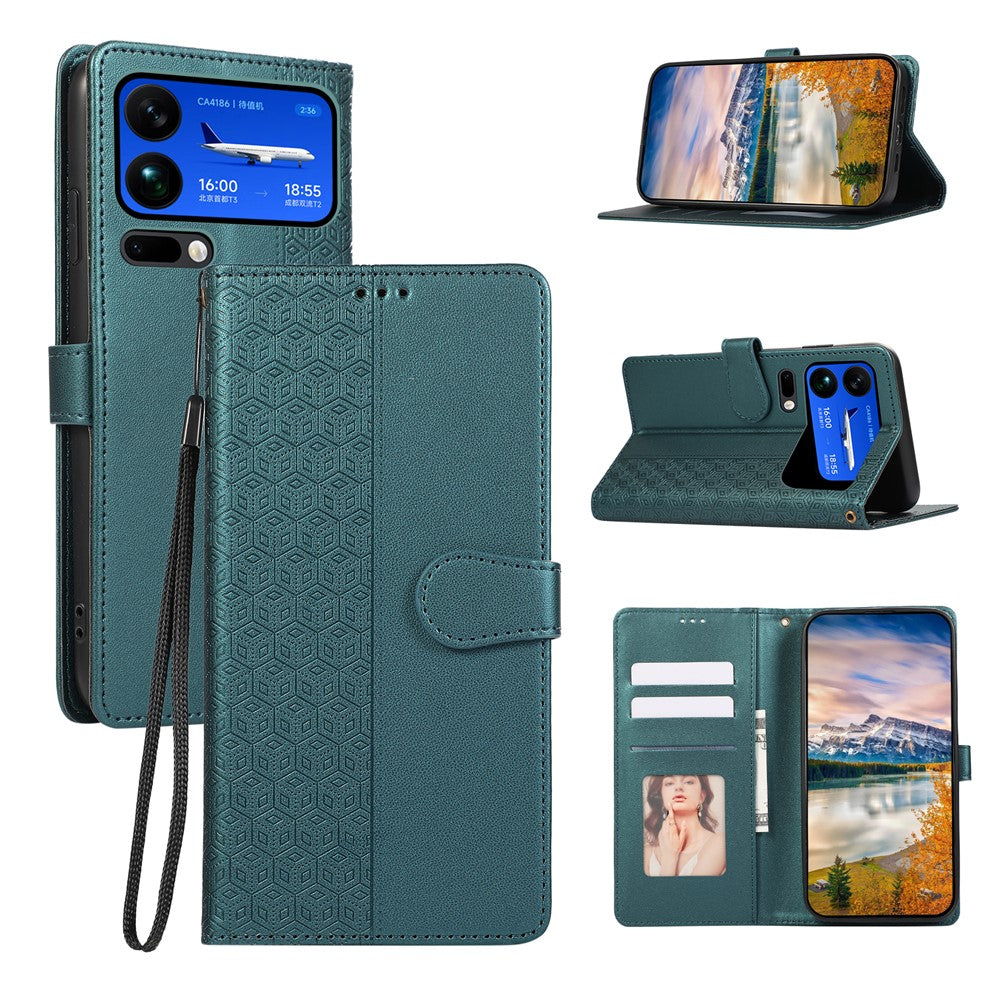 For Xiaomi 17 Pro Max Case Splicing Imprinted Rhombus Leather Cover with Wrist Strap - Green