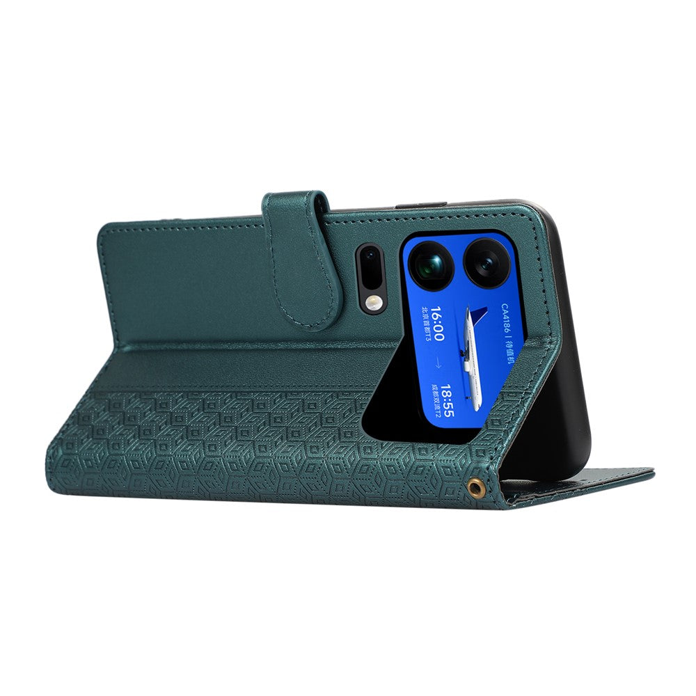 For Xiaomi 17 Pro Max Case Splicing Imprinted Rhombus Leather Cover with Wrist Strap - Green