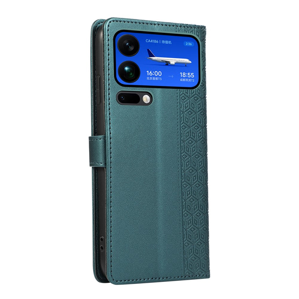 For Xiaomi 17 Pro Max Case Splicing Imprinted Rhombus Leather Cover with Wrist Strap - Green