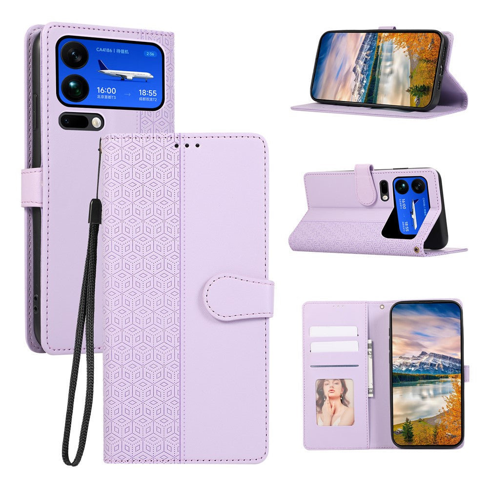 For Xiaomi 17 Pro Max Case Splicing Imprinted Rhombus Leather Cover with Wrist Strap - Purple