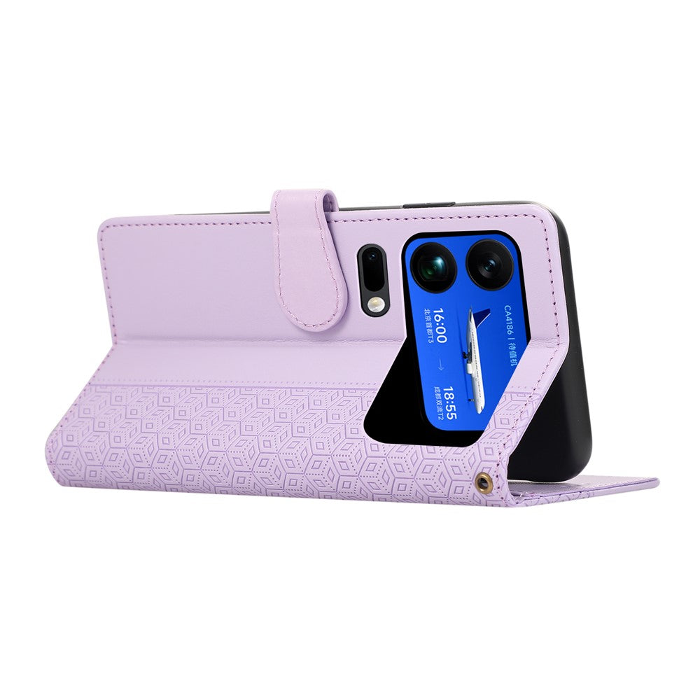 For Xiaomi 17 Pro Max Case Splicing Imprinted Rhombus Leather Cover with Wrist Strap - Purple