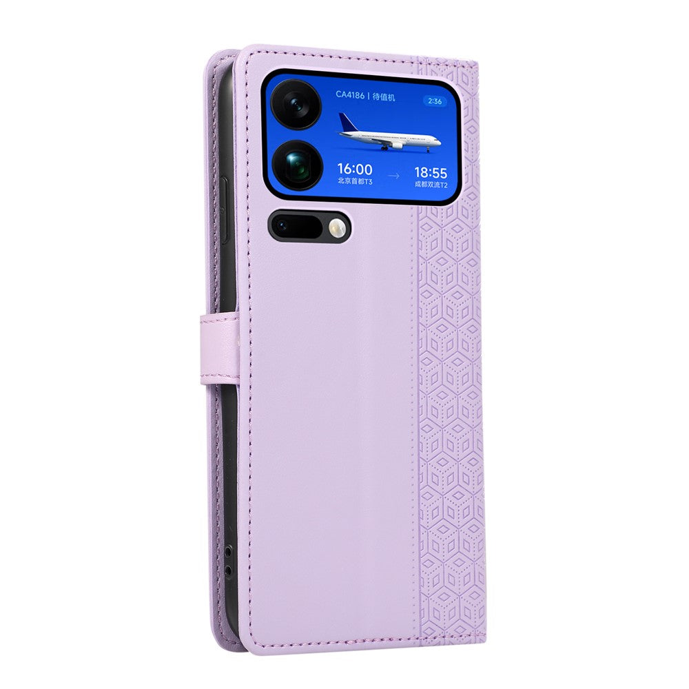 For Xiaomi 17 Pro Max Case Splicing Imprinted Rhombus Leather Cover with Wrist Strap - Purple