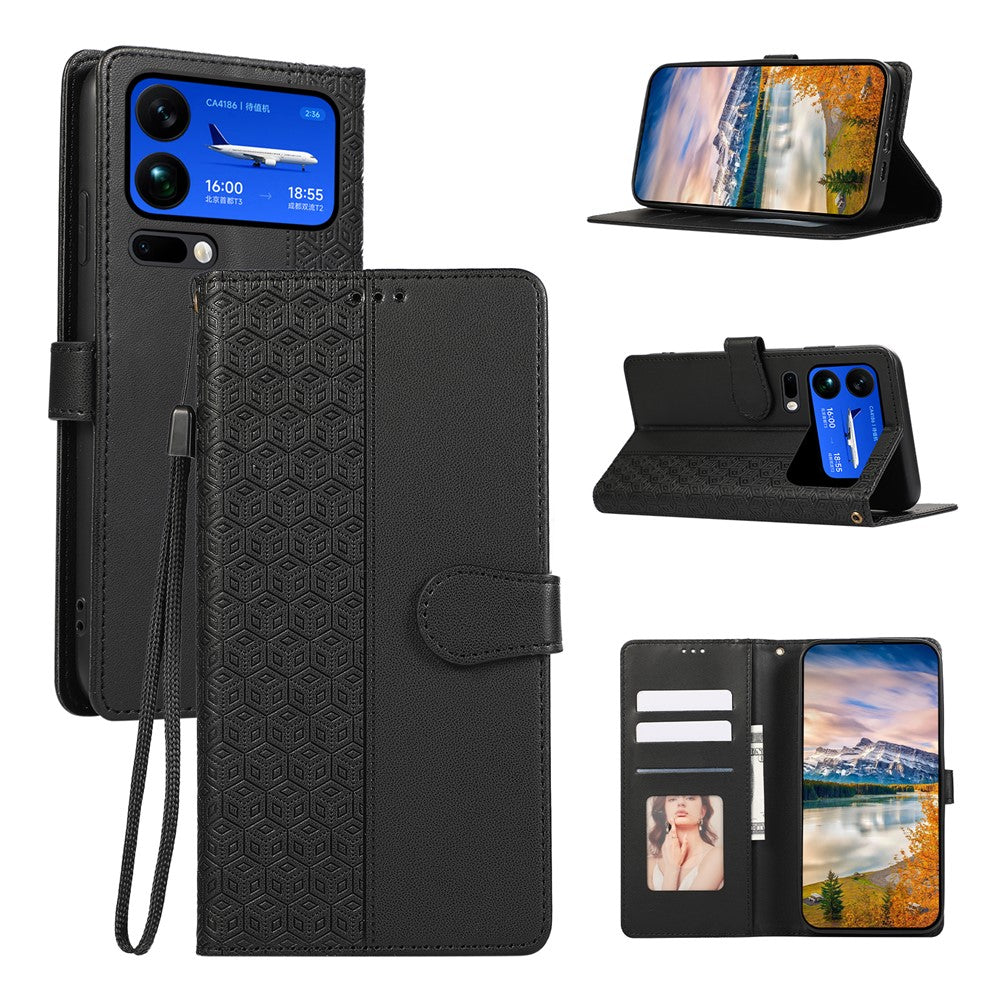 For Xiaomi 17 Pro Max Case Splicing Imprinted Rhombus Leather Cover with Wrist Strap - Black