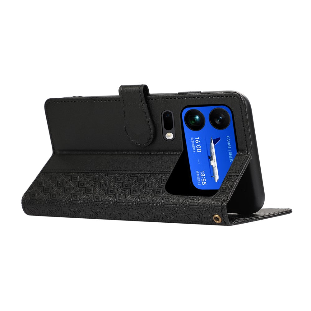 For Xiaomi 17 Pro Max Case Splicing Imprinted Rhombus Leather Cover with Wrist Strap - Black