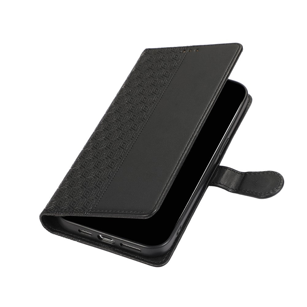 For Xiaomi 17 Pro Max Case Splicing Imprinted Rhombus Leather Cover with Wrist Strap - Black
