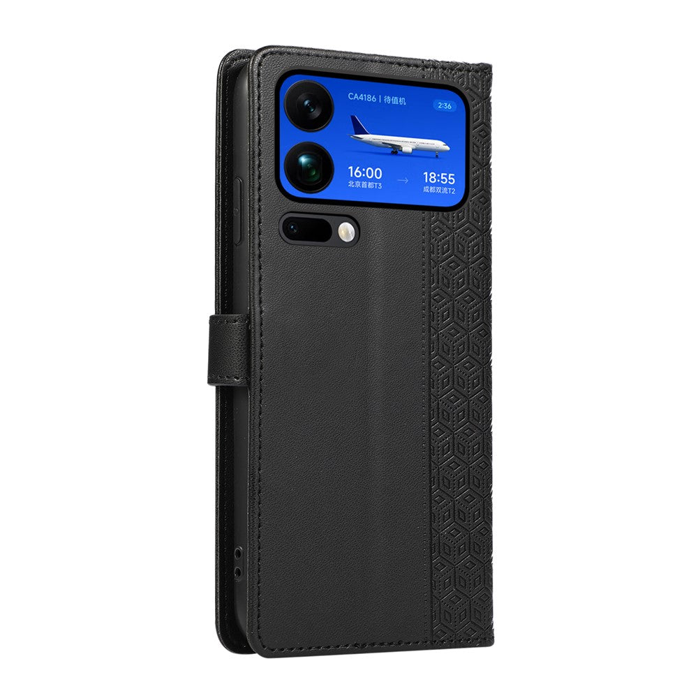 For Xiaomi 17 Pro Max Case Splicing Imprinted Rhombus Leather Cover with Wrist Strap - Black