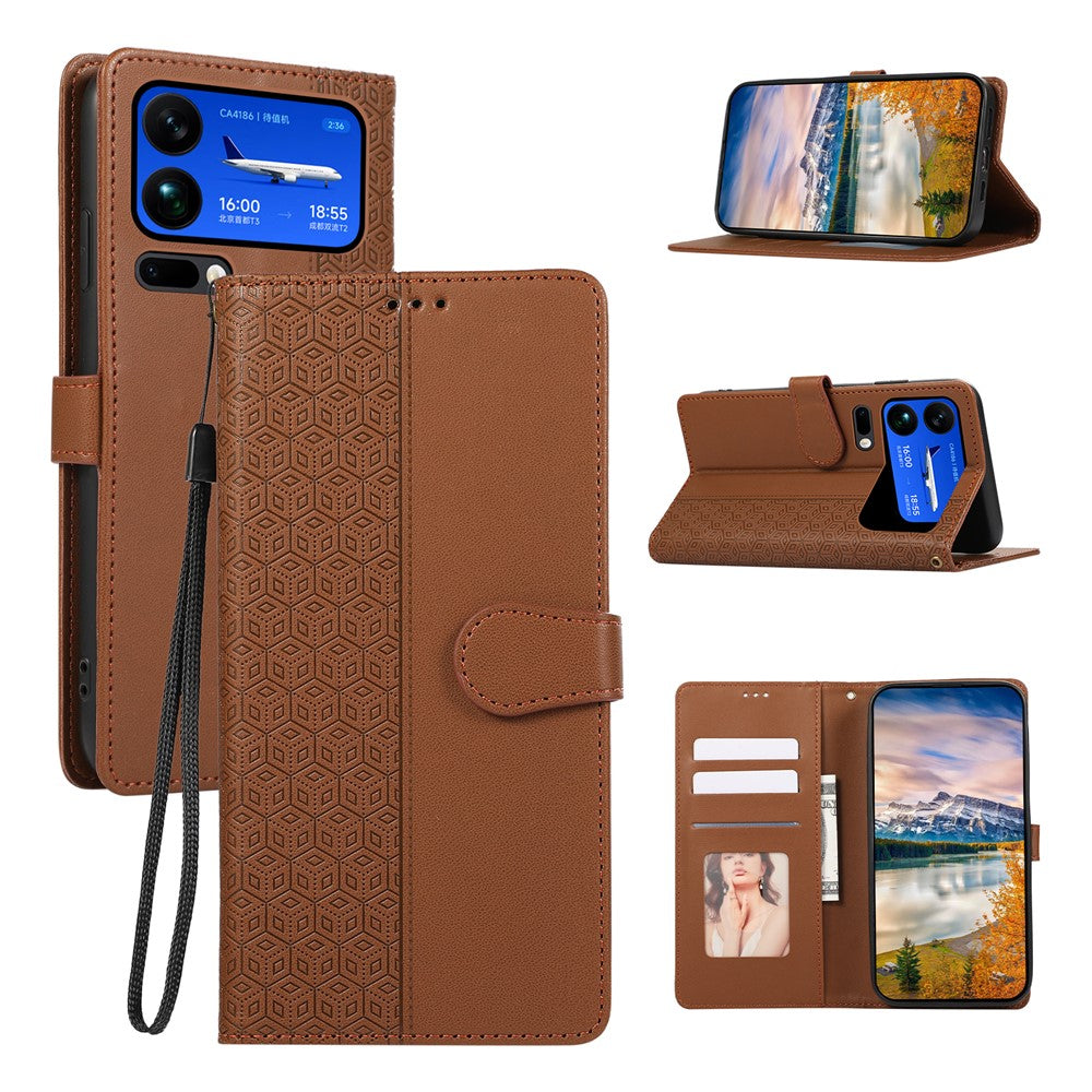For Xiaomi 17 Pro Max Case Splicing Imprinted Rhombus Leather Cover with Wrist Strap - Brown