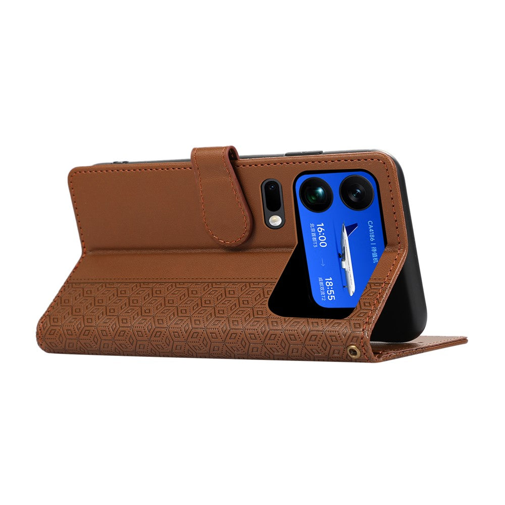 For Xiaomi 17 Pro Max Case Splicing Imprinted Rhombus Leather Cover with Wrist Strap - Brown