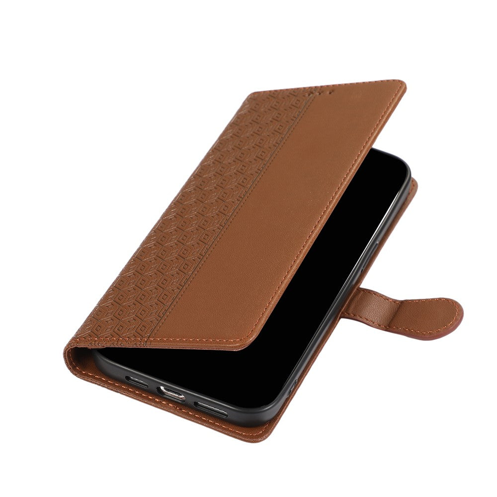 For Xiaomi 17 Pro Max Case Splicing Imprinted Rhombus Leather Cover with Wrist Strap - Brown