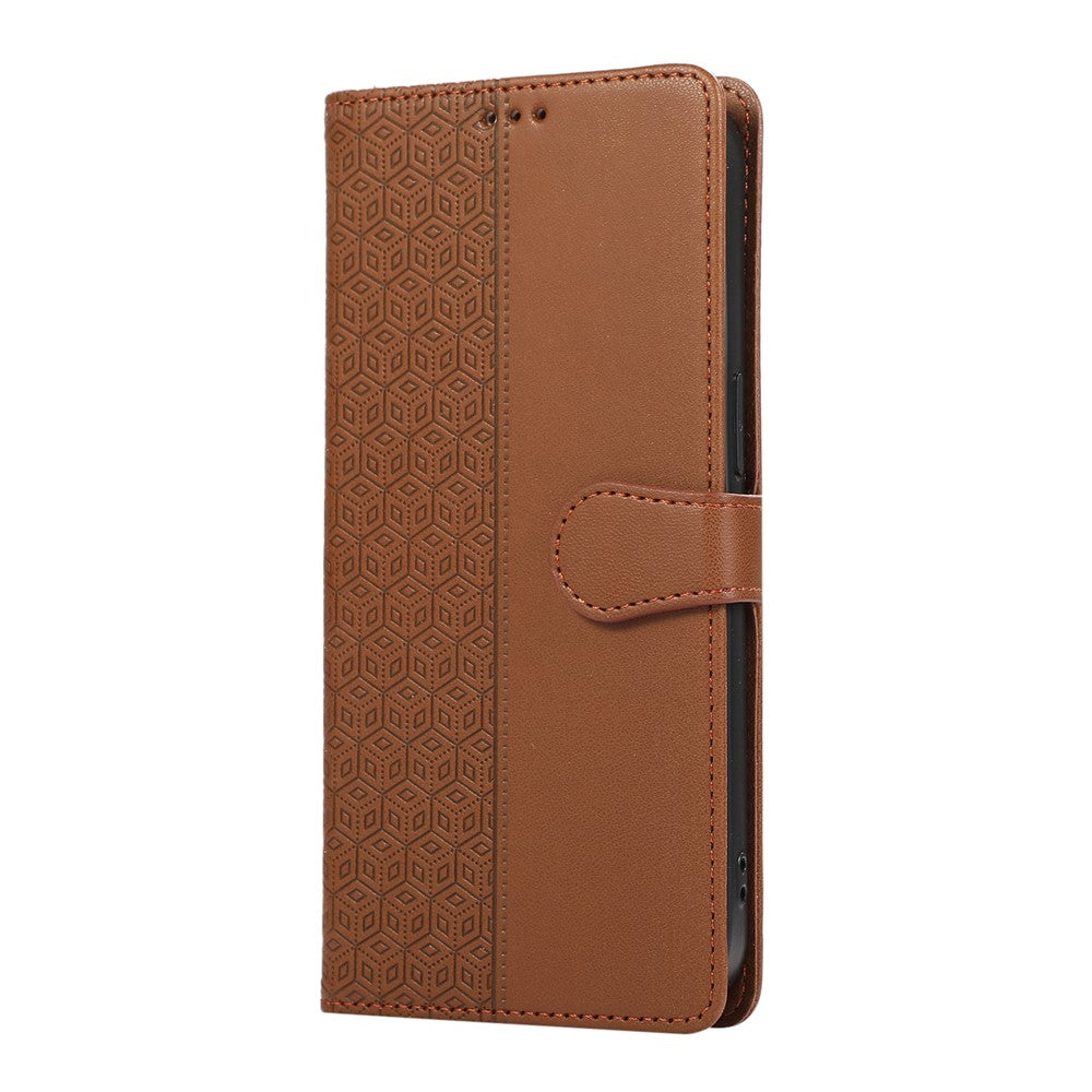 For Xiaomi 17 Pro Max Case Splicing Imprinted Rhombus Leather Cover with Wrist Strap - Brown